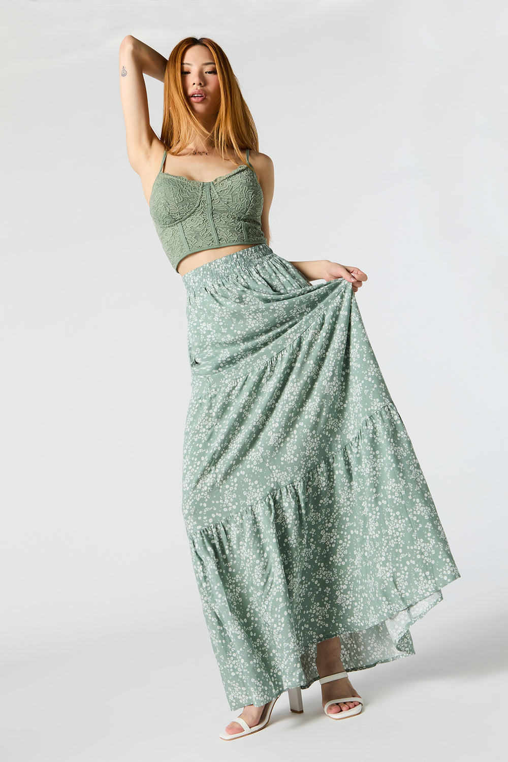 Green Floral High Rise Tiered Maxi Skirt Green Floral High Rise Tiered Maxi Skirt 1