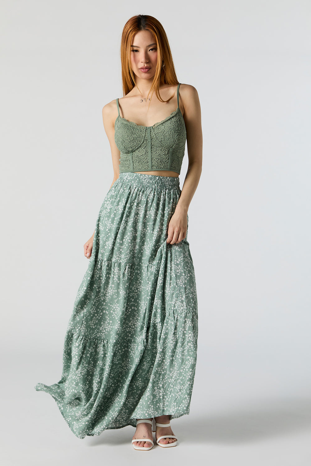 Green Floral High Rise Tiered Maxi Skirt Green Floral High Rise Tiered Maxi Skirt 4