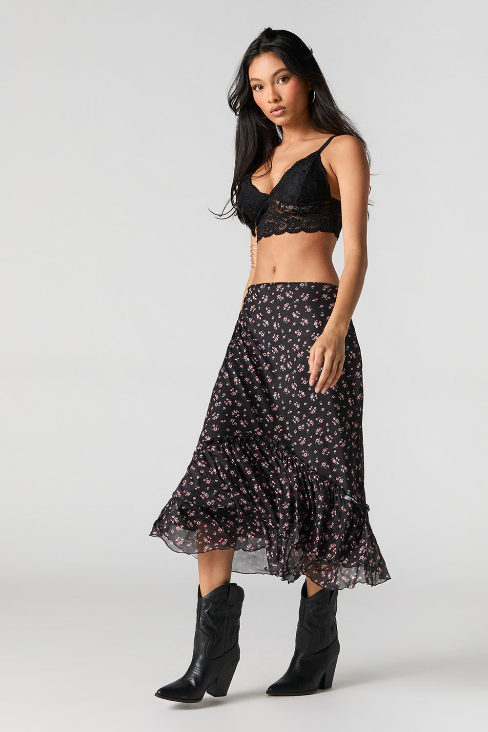 Floral Mesh Tiered Midi Skirt Floral Mesh Tiered Midi Skirt 1