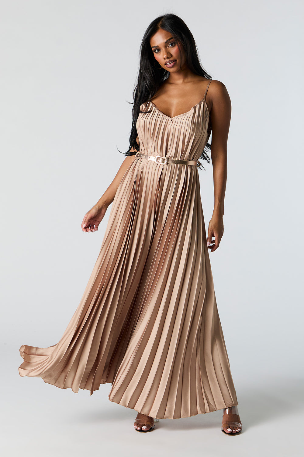 Satin Pleated Belted Maxi Dress Satin Pleated Belted Maxi Dress 1