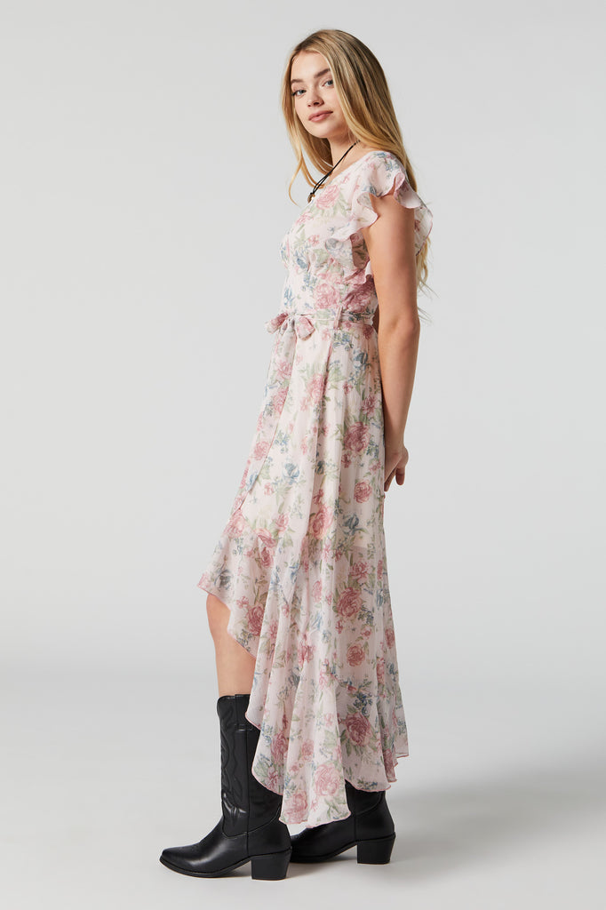 White Floral Print Self Tie High-Low Midi Dress, – Charlotte Russe