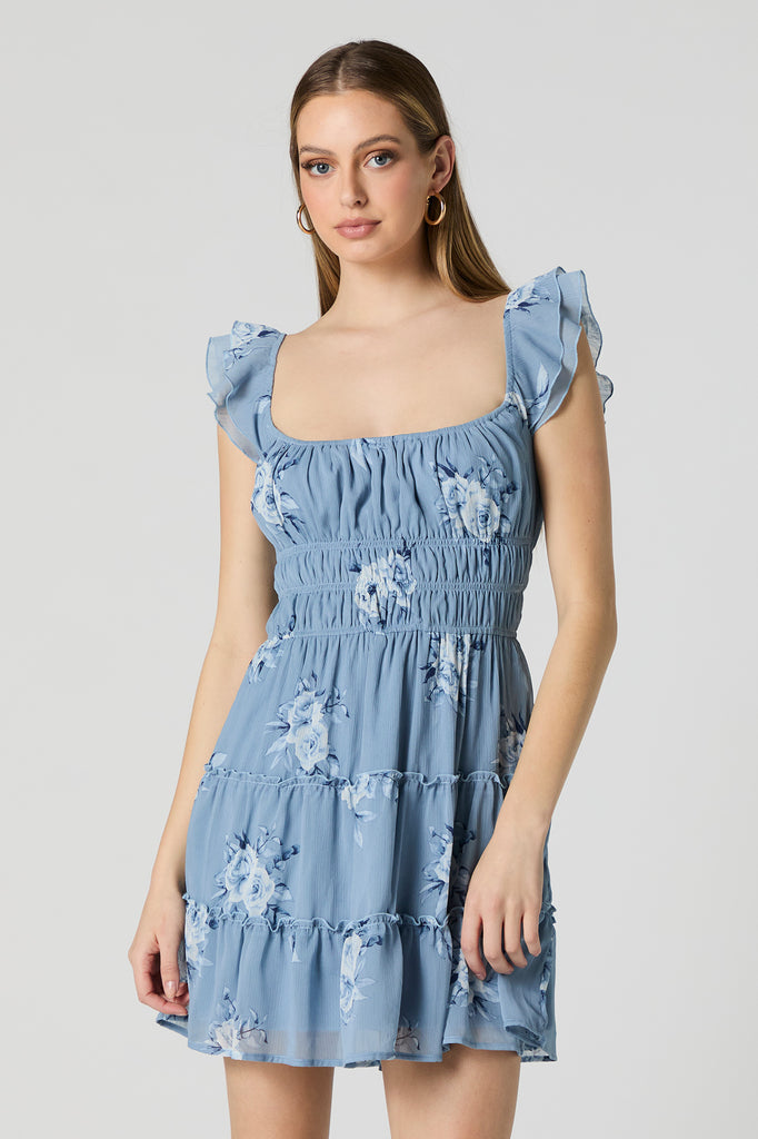 Blue Floral Tiered Mini Dress with Built In Bra Cups