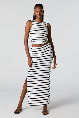 Striped Ribbed Slit Maxi Skirt
