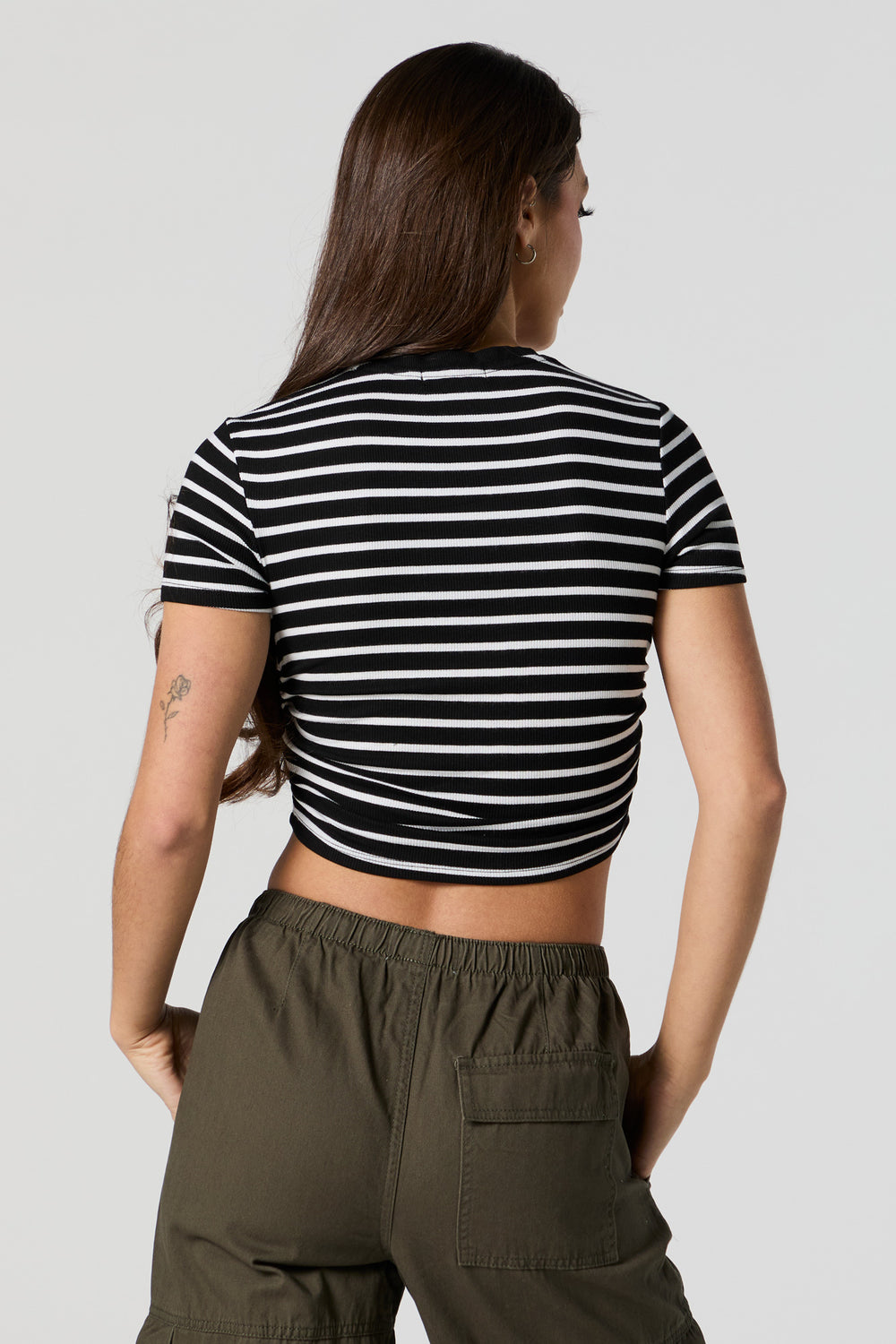 Striped Ribbed Side Cinched Cropped T-Shirt Striped Ribbed Side Cinched Cropped T-Shirt 2