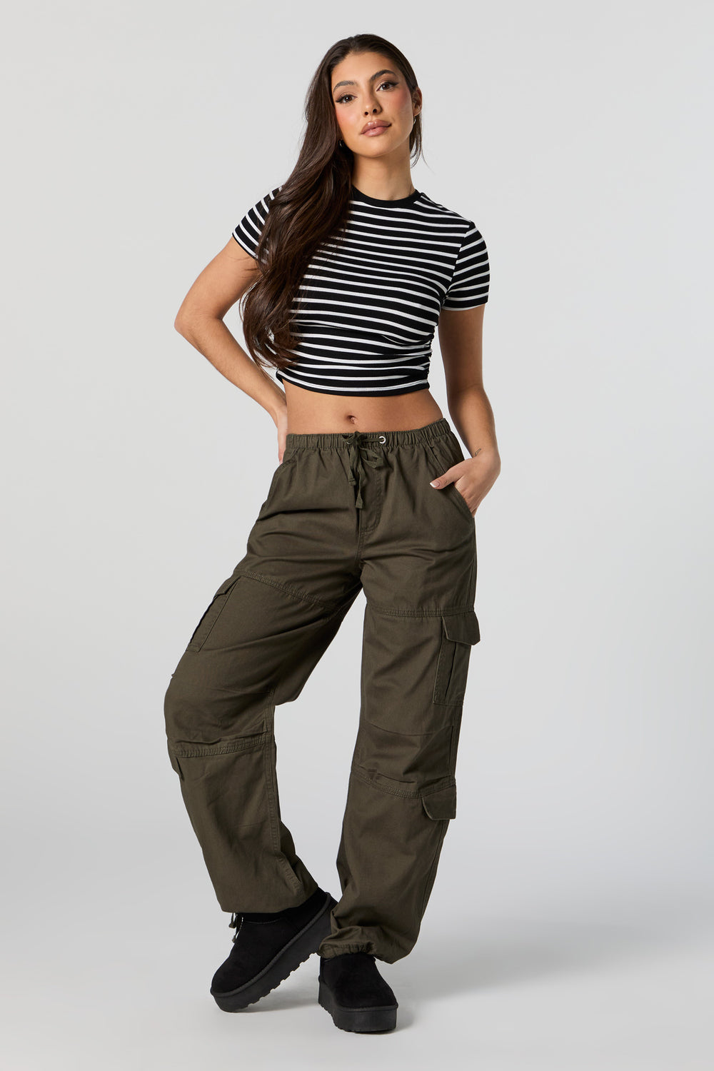 Striped Ribbed Side Cinched Cropped T-Shirt Striped Ribbed Side Cinched Cropped T-Shirt 3