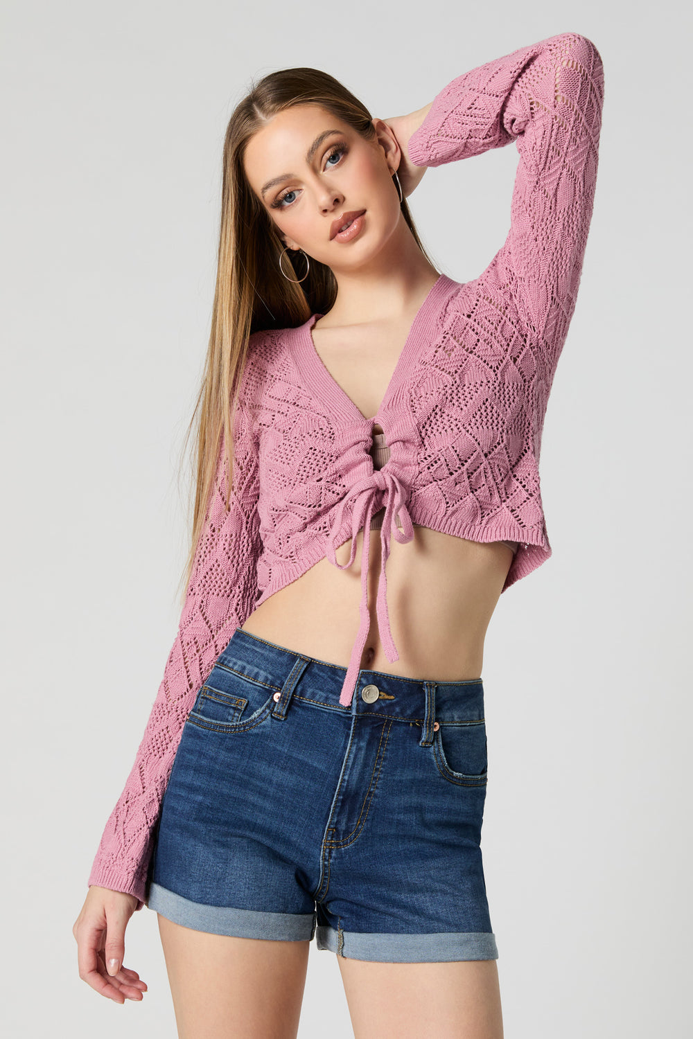 Crochet Front Tie Cropped Long Sleeve Top Crochet Front Tie Cropped Long Sleeve Top 1