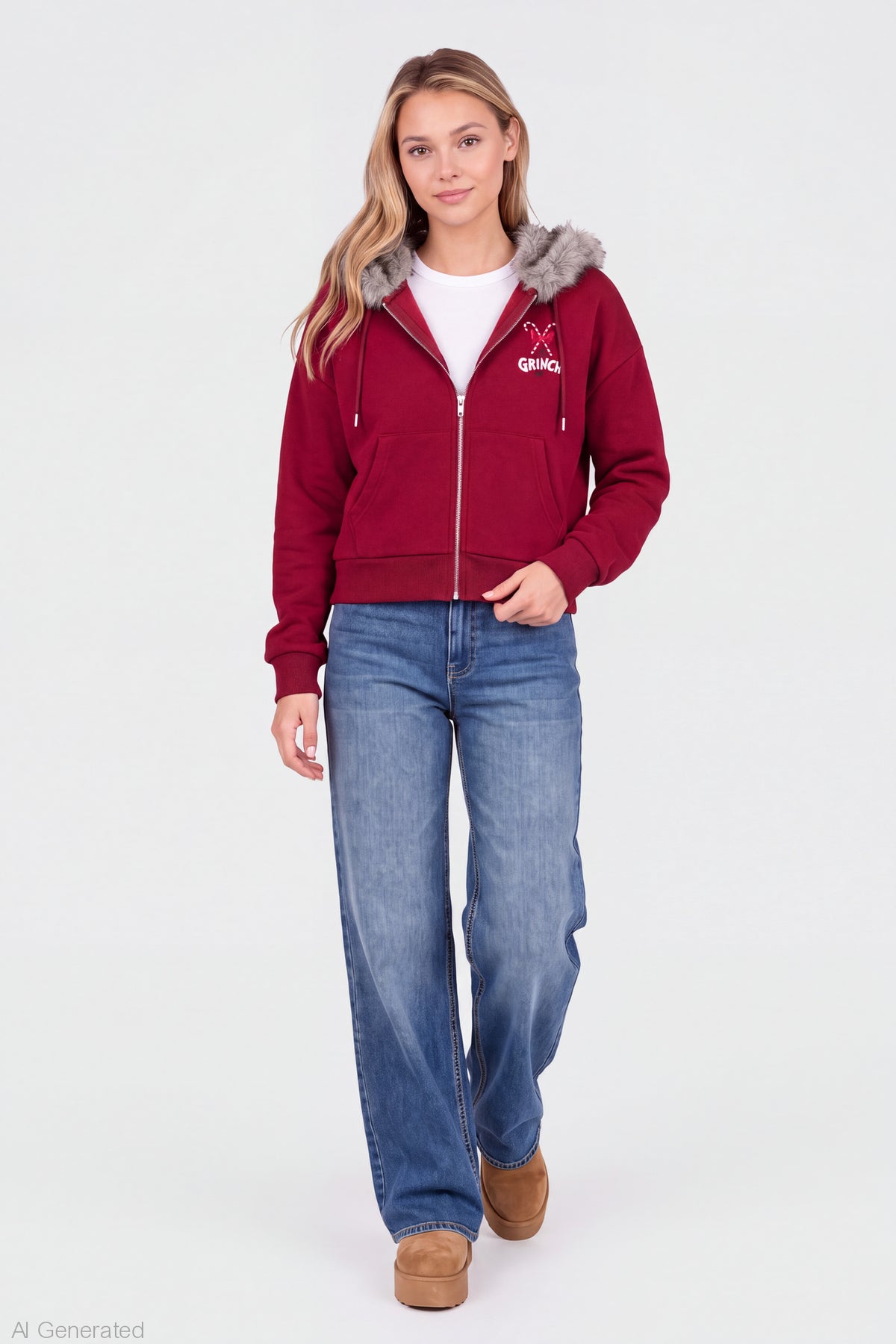 Alt View 3. The Grinch Faux Fur Trim Zip Hoodie - Red