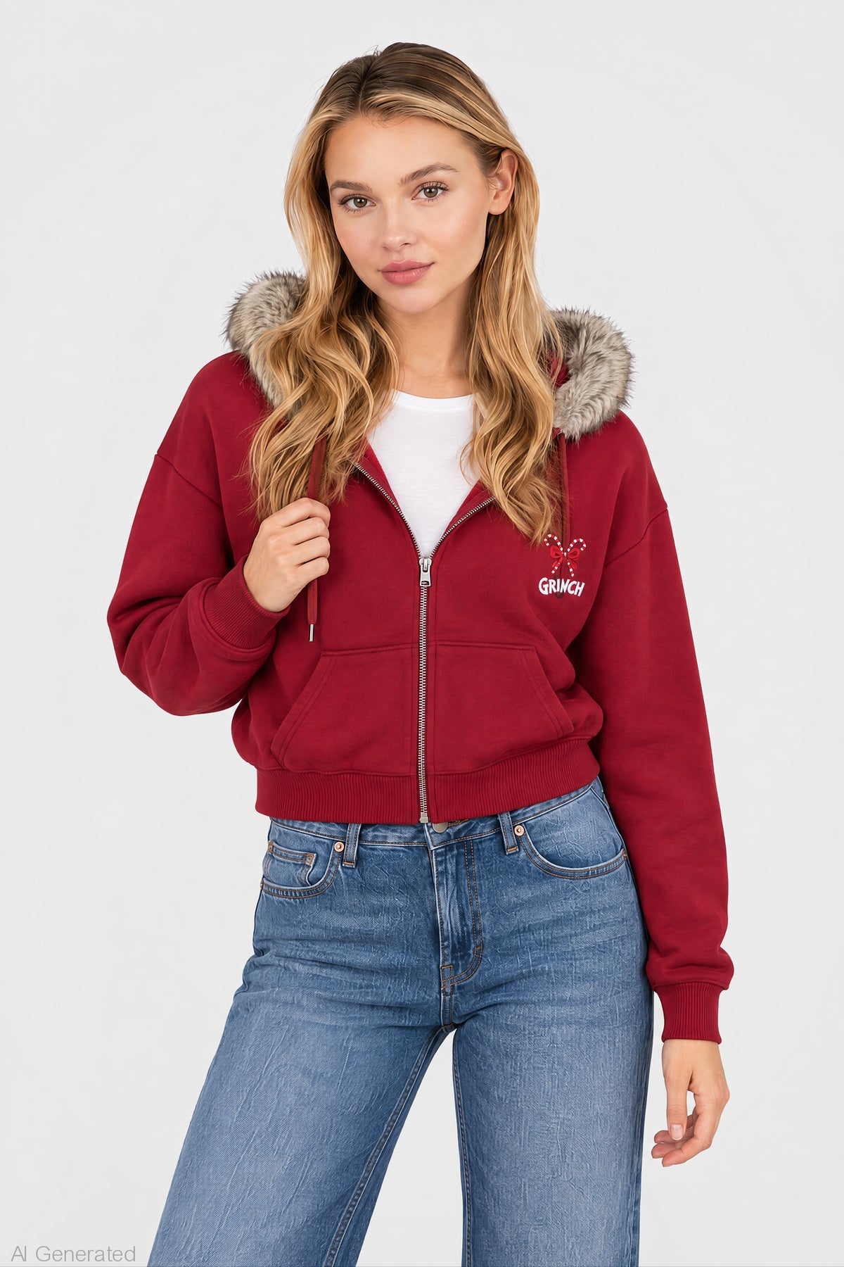 Alt View 2. The Grinch Faux Fur Trim Zip Hoodie - Red