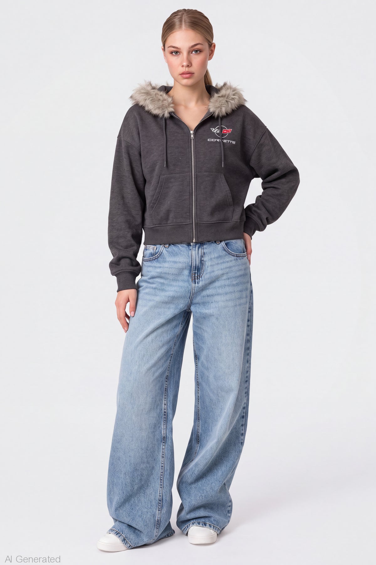 Alt View 3. Corvette Faux Fur Trim Zip Hoodie - Charcoal