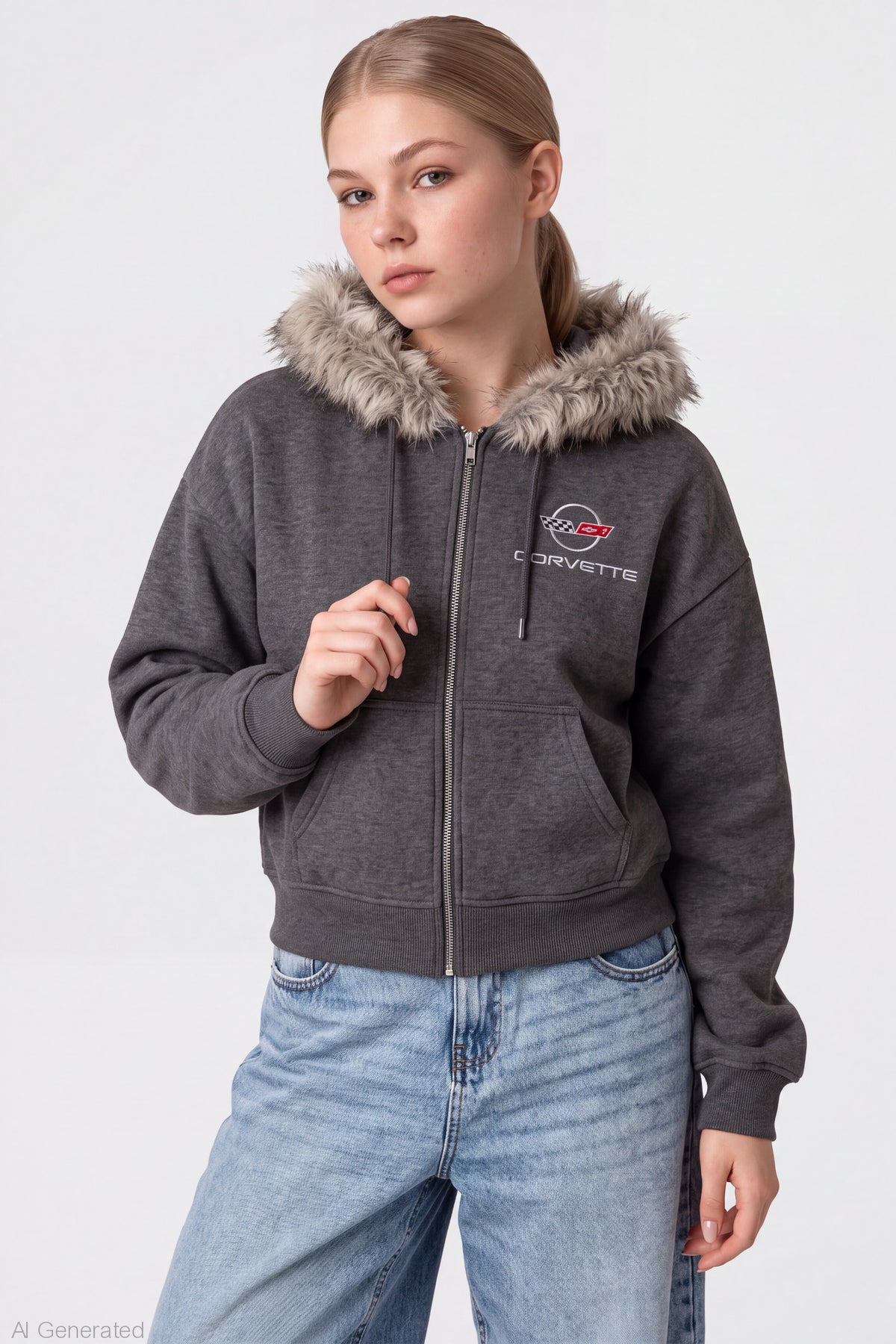 Alt View 2. Corvette Faux Fur Trim Zip Hoodie - Charcoal