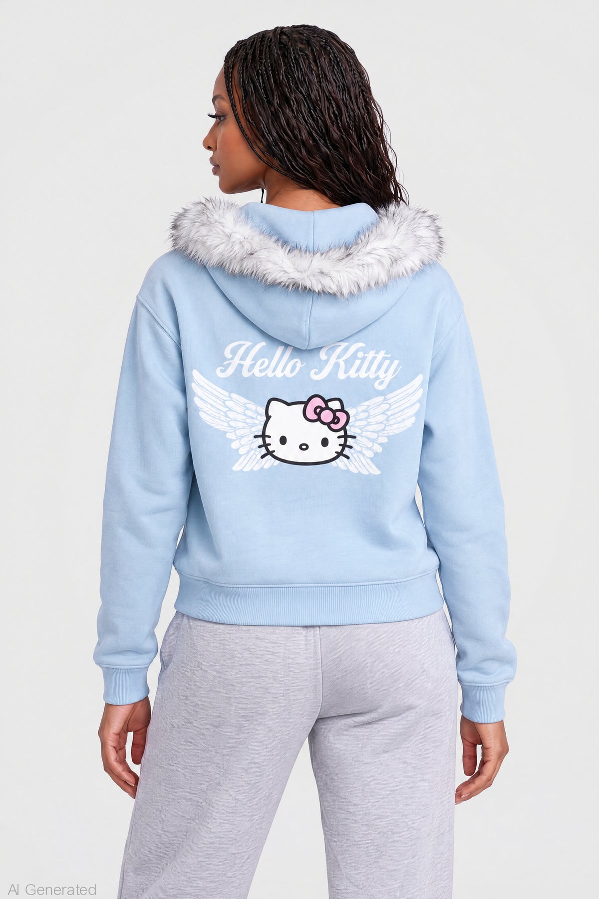 Hello Kitty Faux Fur Trim Zip Hoodie - Light Blue