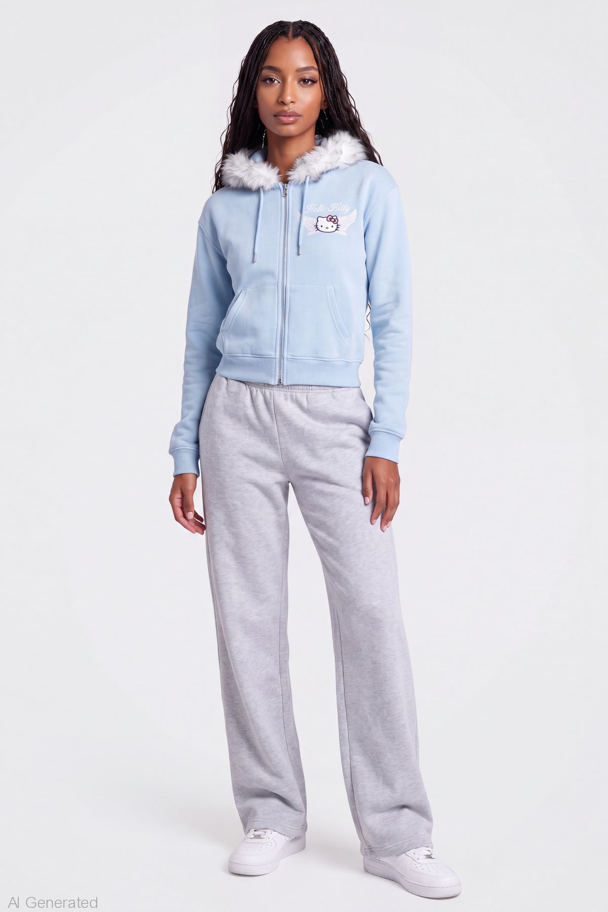 Alt View 3. Hello Kitty Faux Fur Trim Zip Hoodie - Light Blue