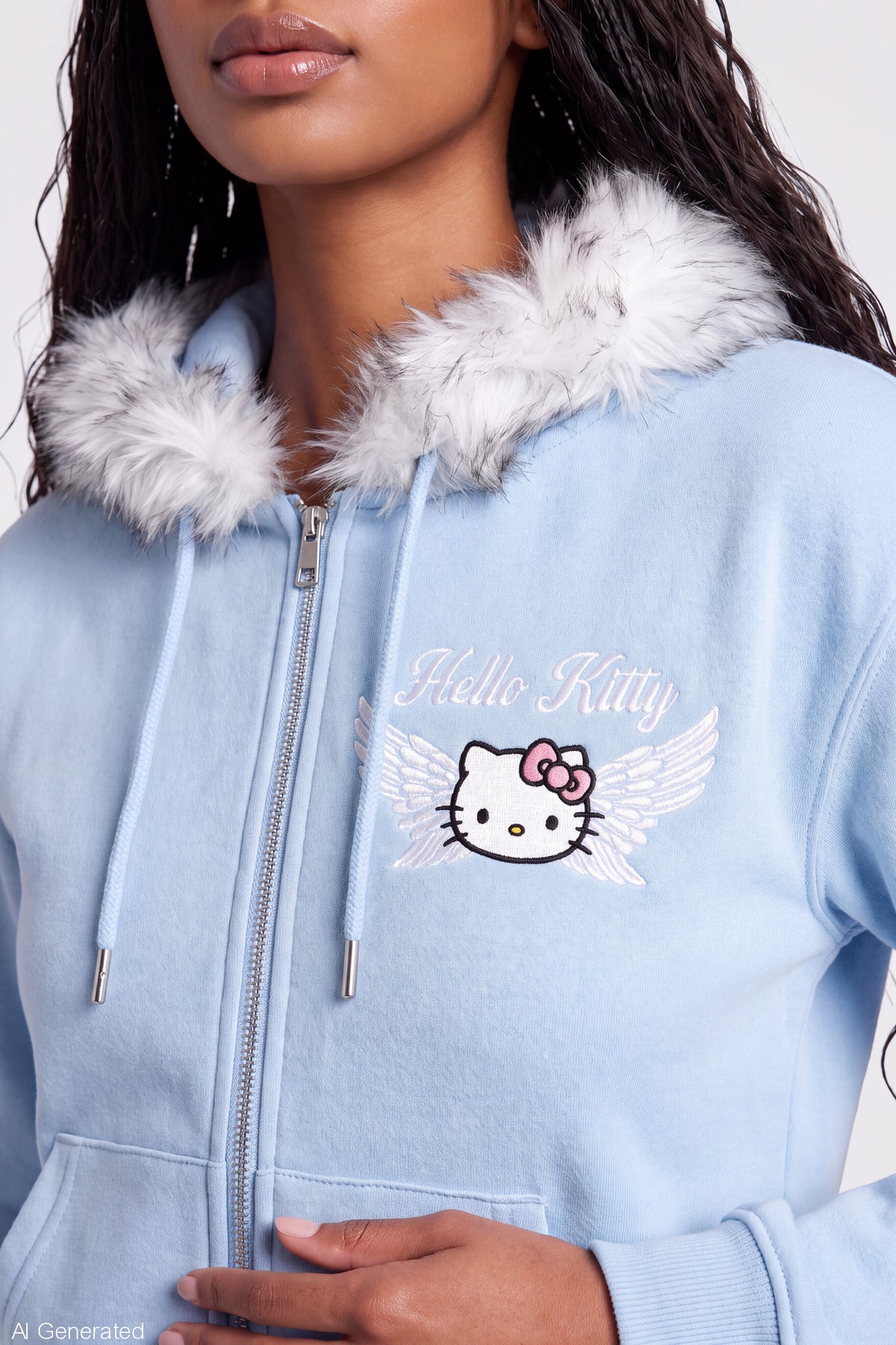 Alt View 4. Hello Kitty Faux Fur Trim Zip Hoodie - Light Blue