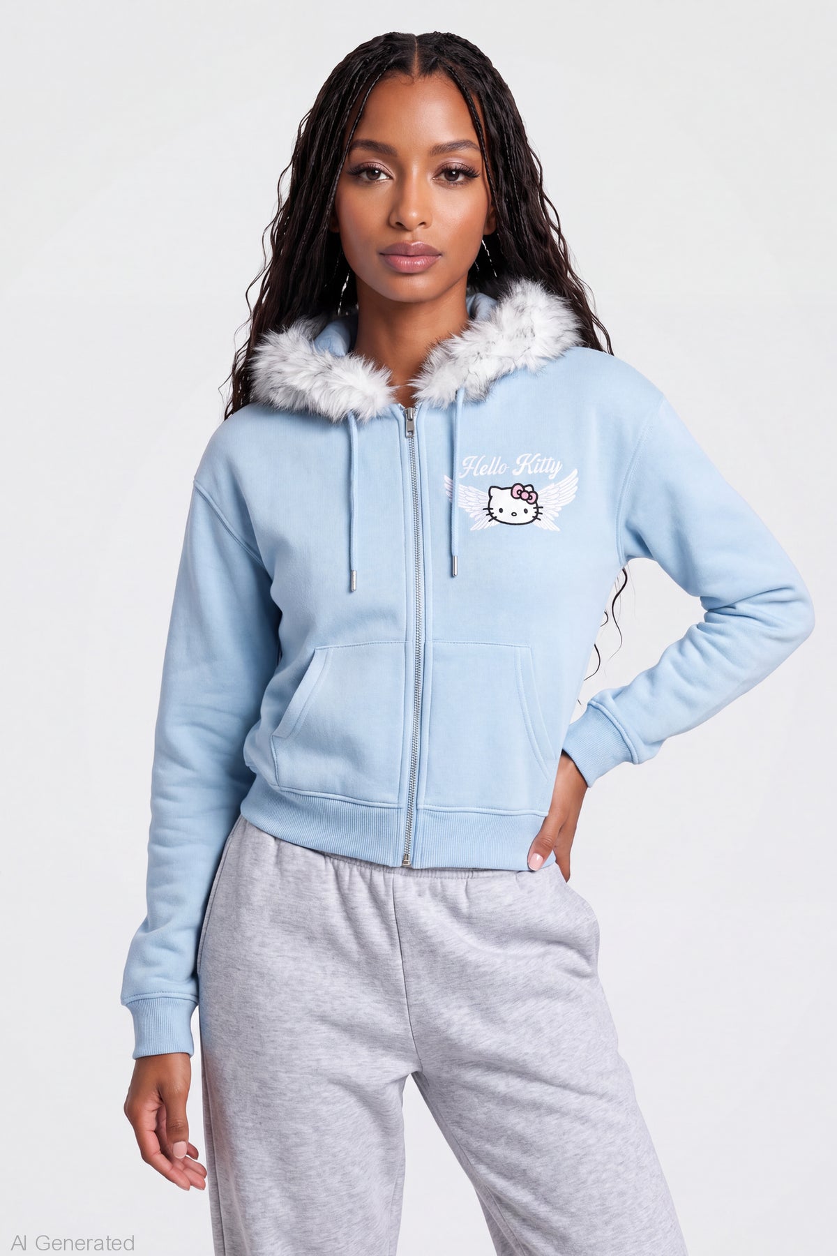 Alt View 2. Hello Kitty Faux Fur Trim Zip Hoodie - Light Blue
