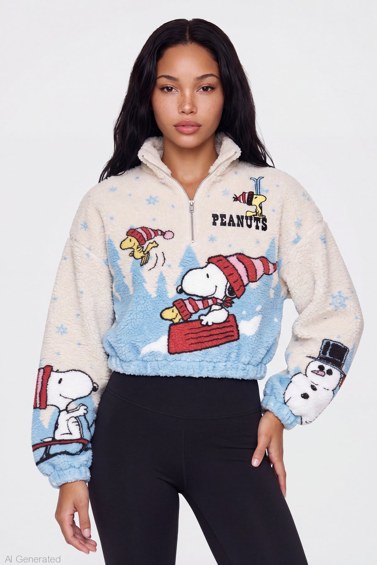 Peanuts Snoopy Sherpa Quarter Zip Pullover - Cream