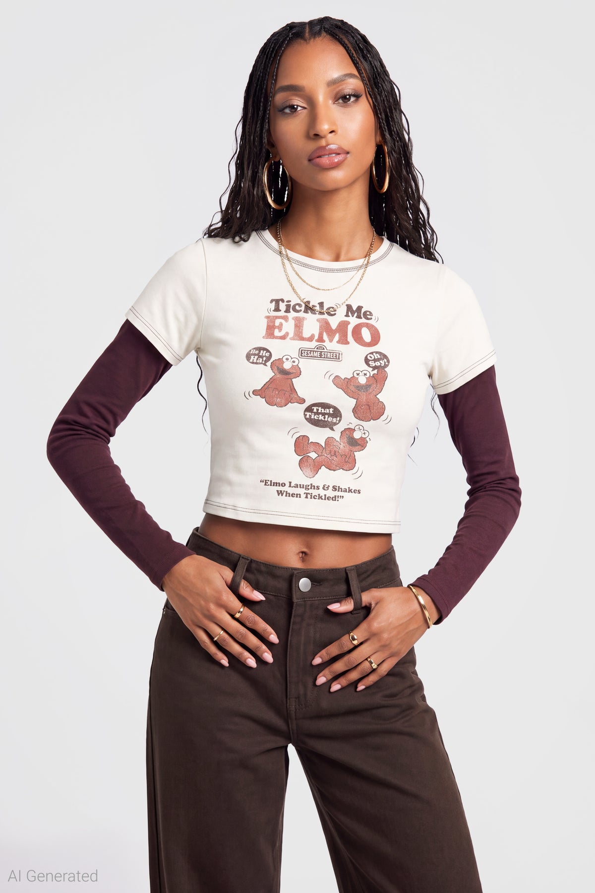 Elmo Graphic Layered Long Sleeve Top - Sand
