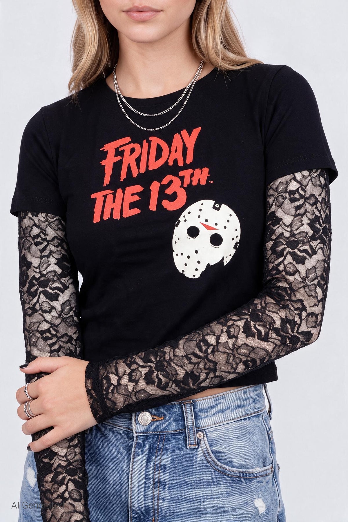 Alt View 4. Friday the 13th Graphic Layered Long Sleeve Top - Black