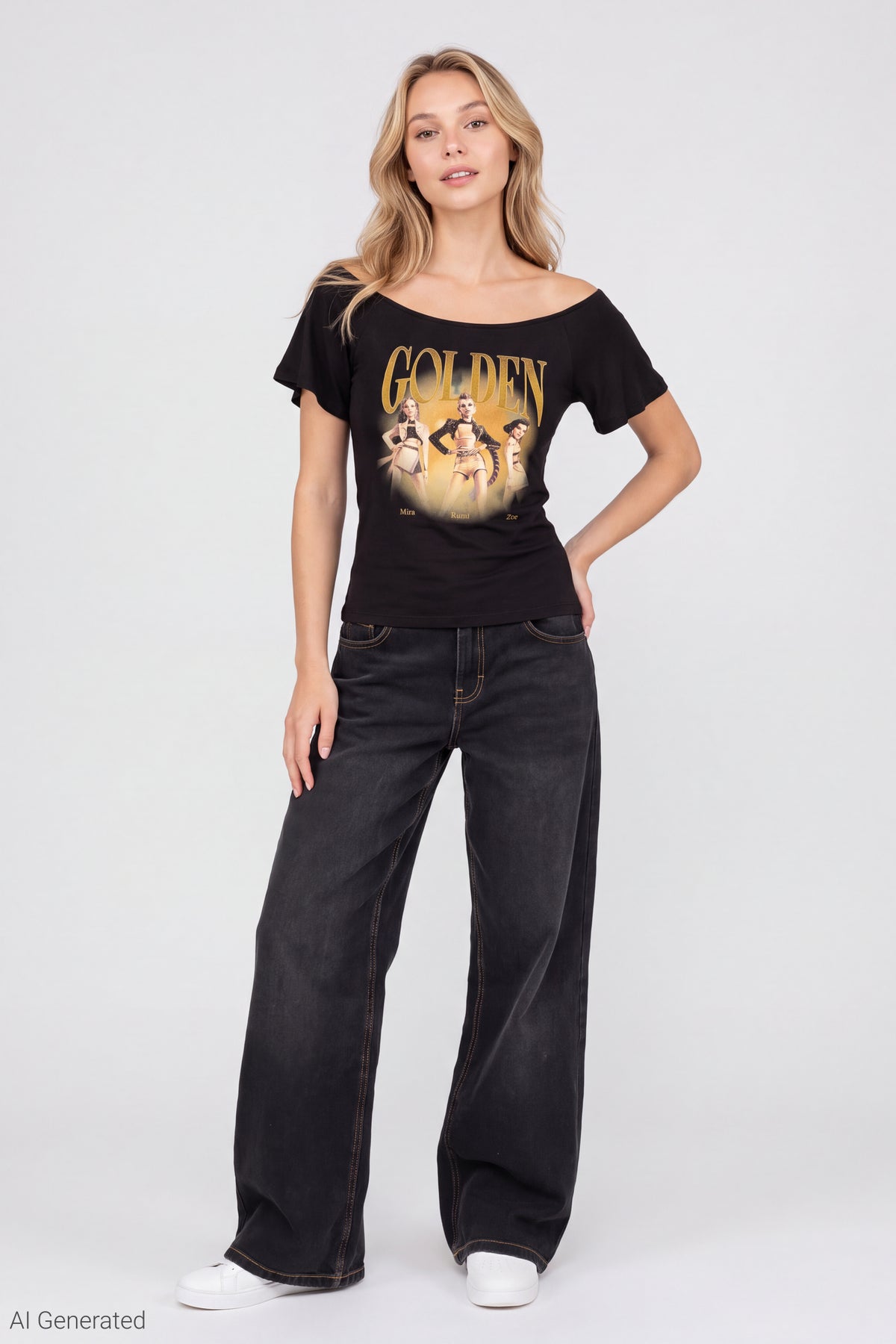 Alt View 2. KPop Demon Hunters Graphic Off Shoulder T-Shirt - Black