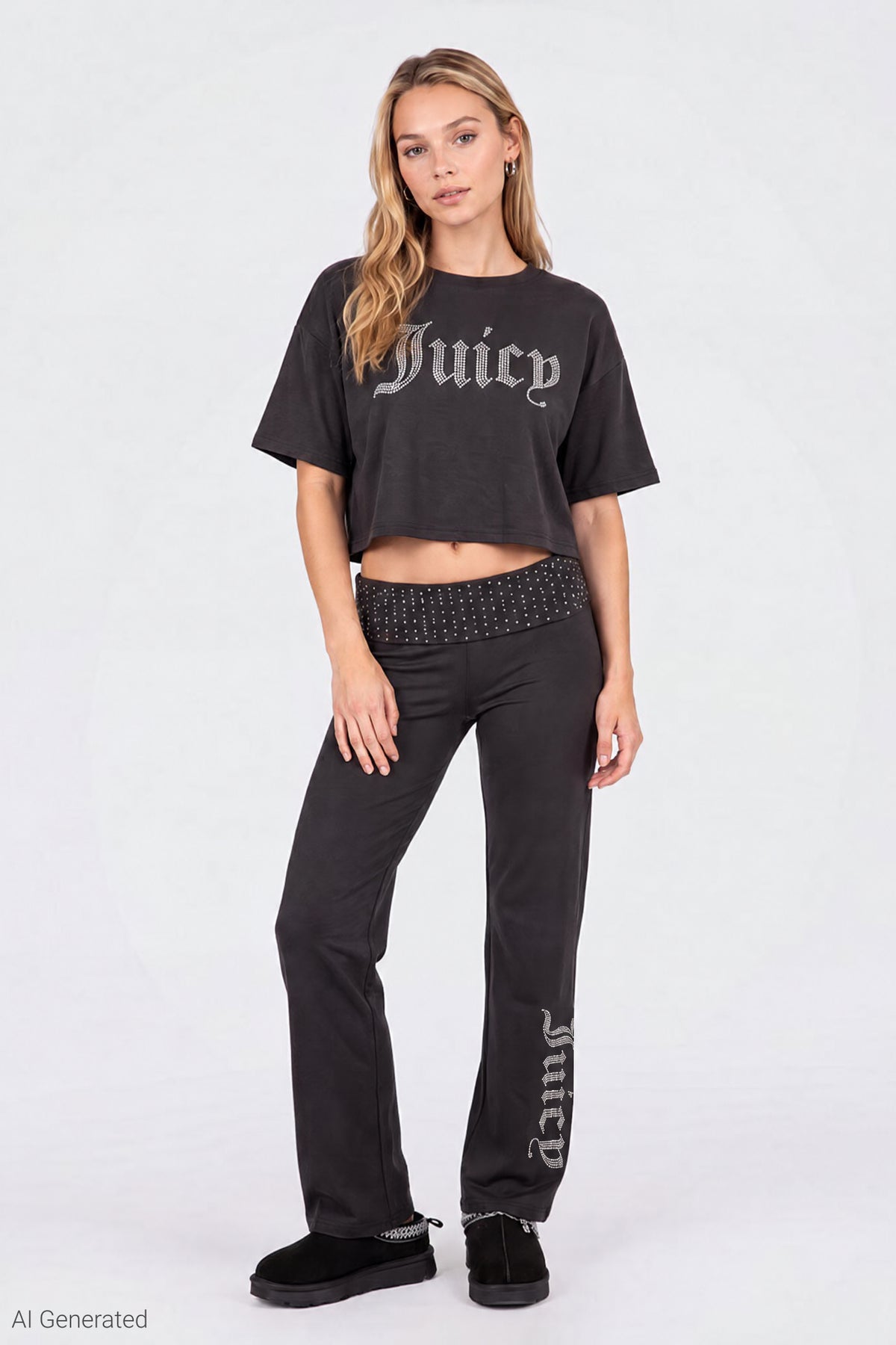 Juicy Couture Rhinestone T-Shirt & Pant Set - Black
