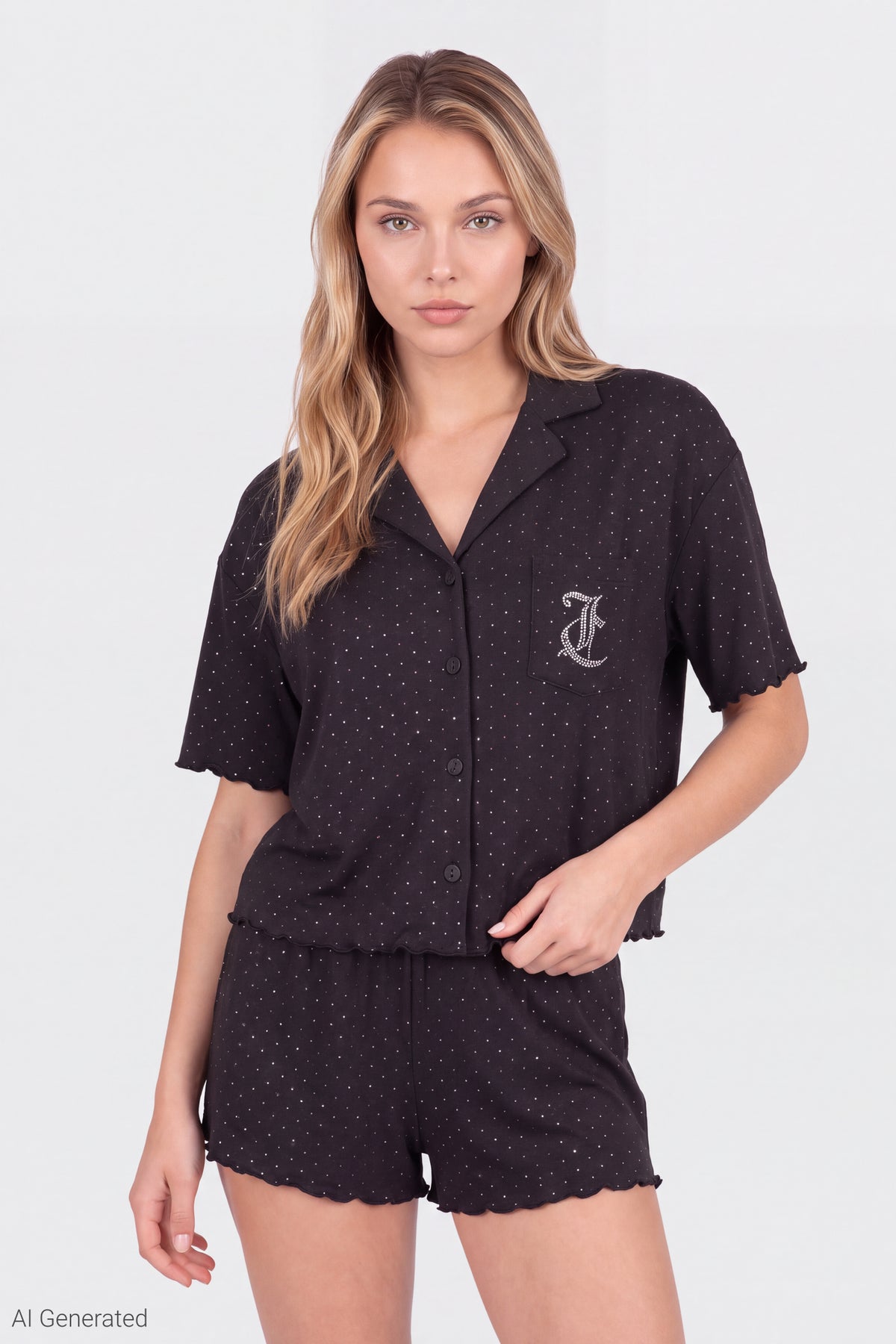 Alt View 3. Juicy Couture Rhinestone Button-Up Top & Short Set - Black