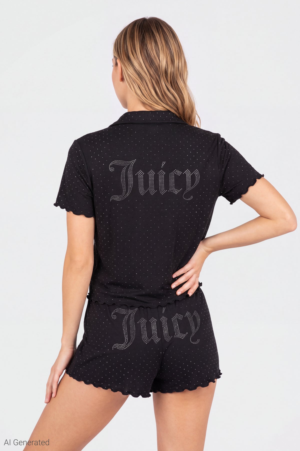 Alt View 4. Juicy Couture Rhinestone Button-Up Top & Short Set - Black