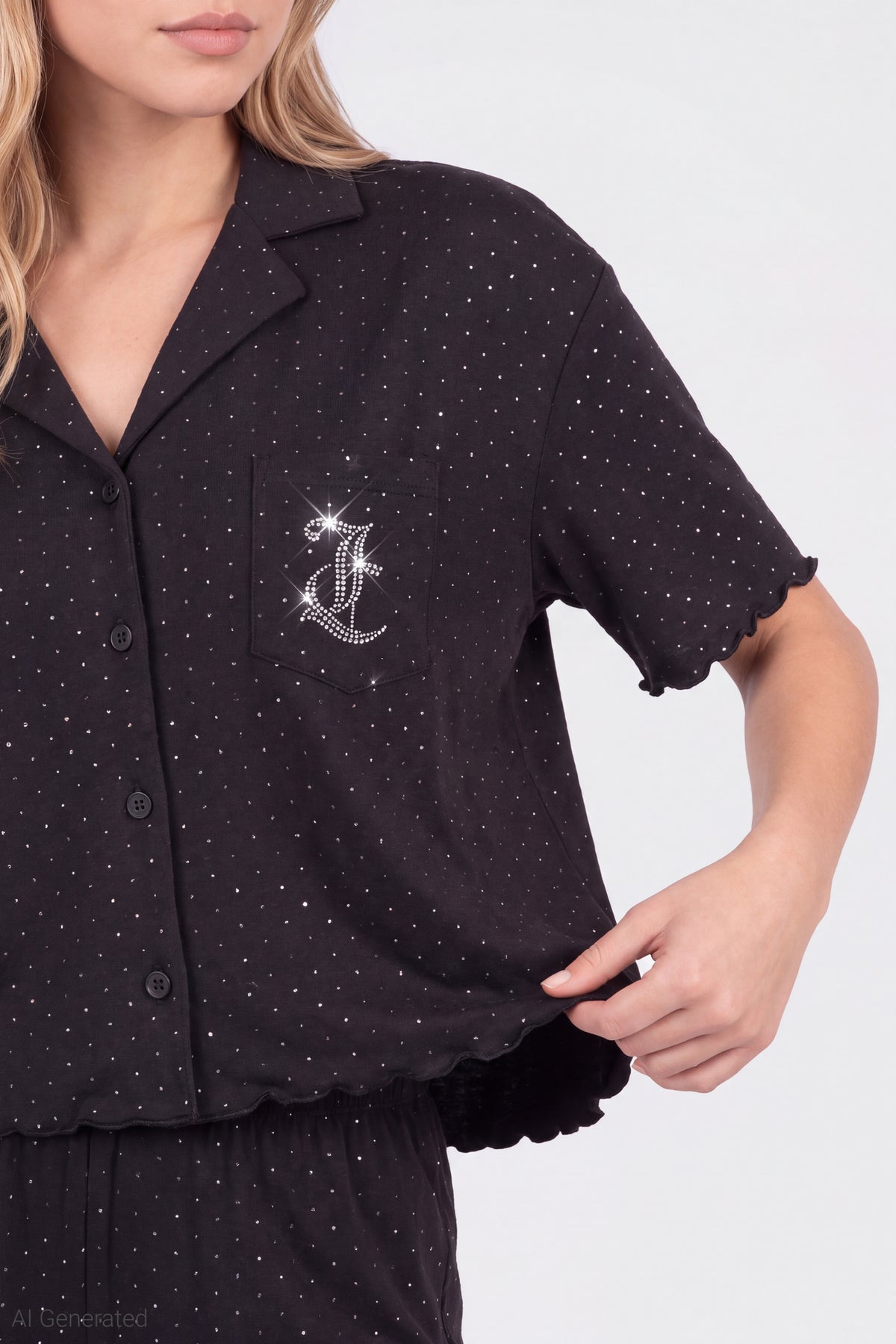 Alt View 5. Juicy Couture Rhinestone Button-Up Top & Short Set - Black