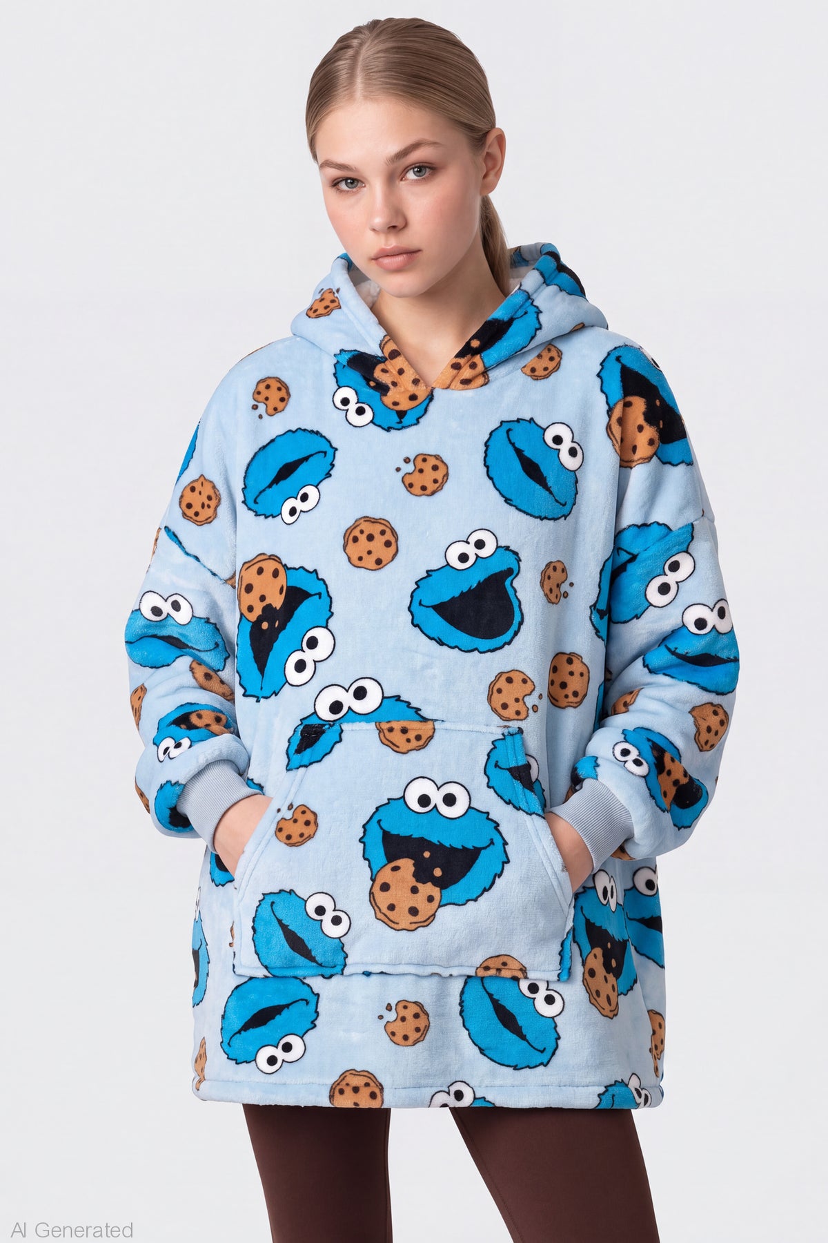 Cookie Monster Plush Blanket Hoodie - Light Blue