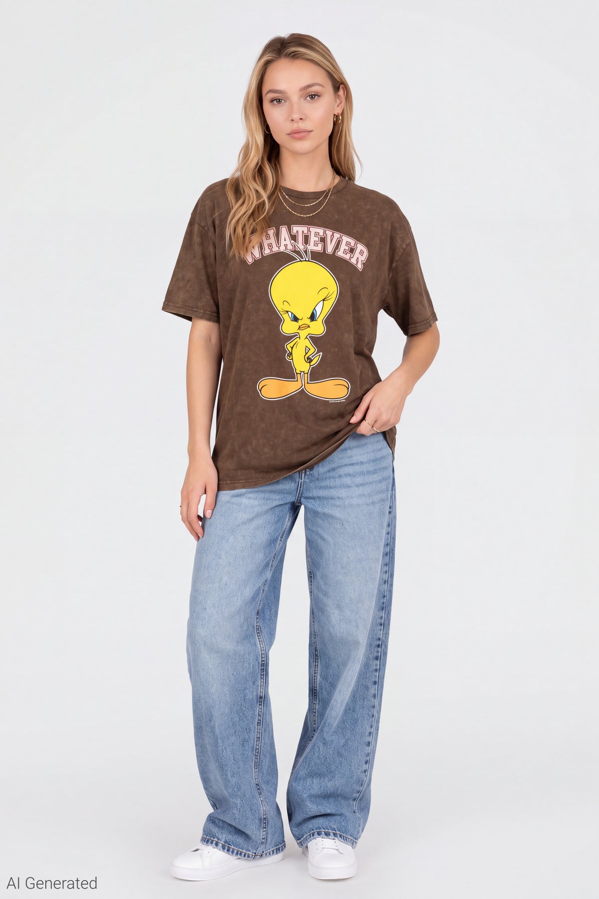 Alt View 3. Tweety Bird Graphic Washed Boyfriend T-Shirt - Brown