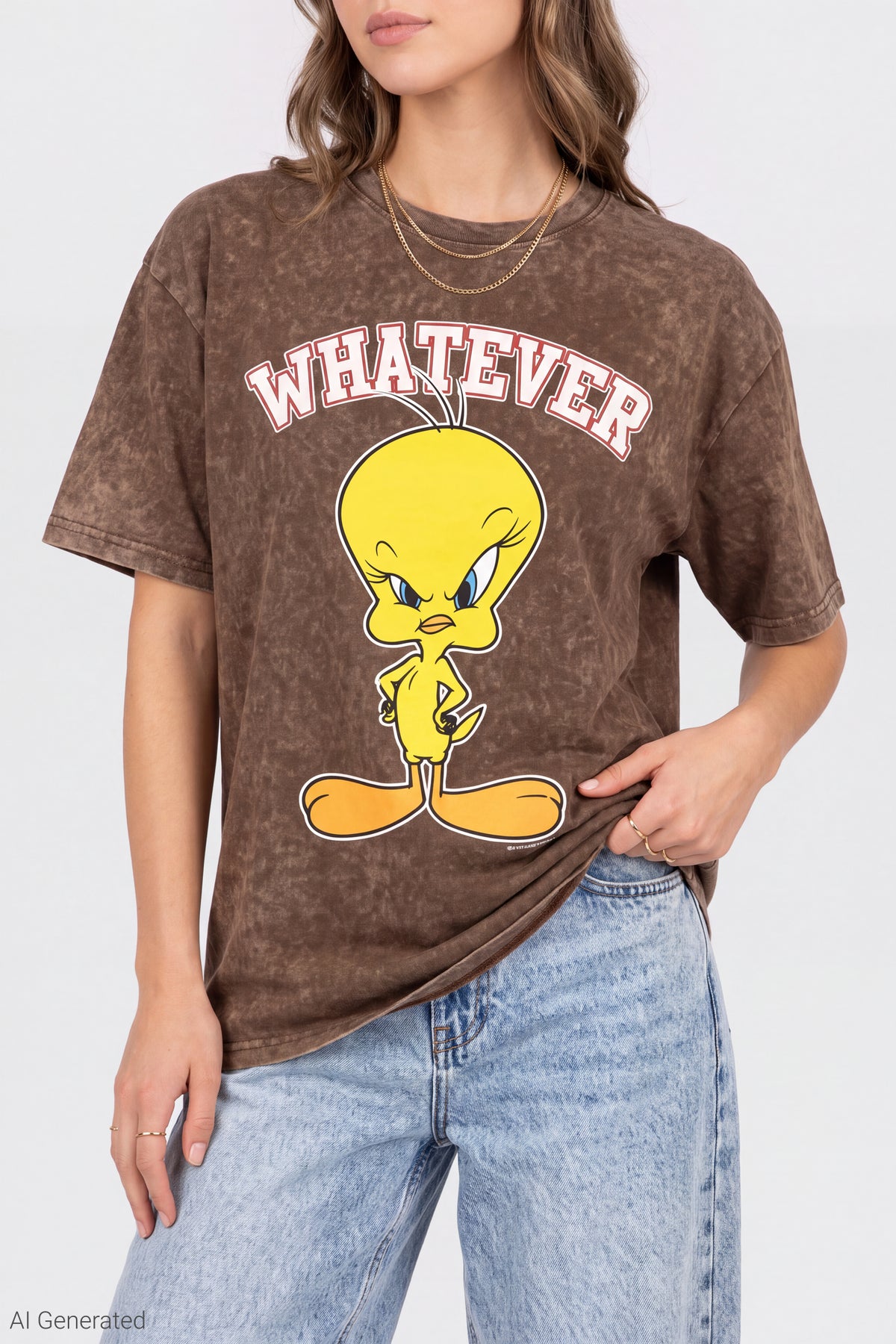 Alt View 4. Tweety Bird Graphic Washed Boyfriend T-Shirt - Brown