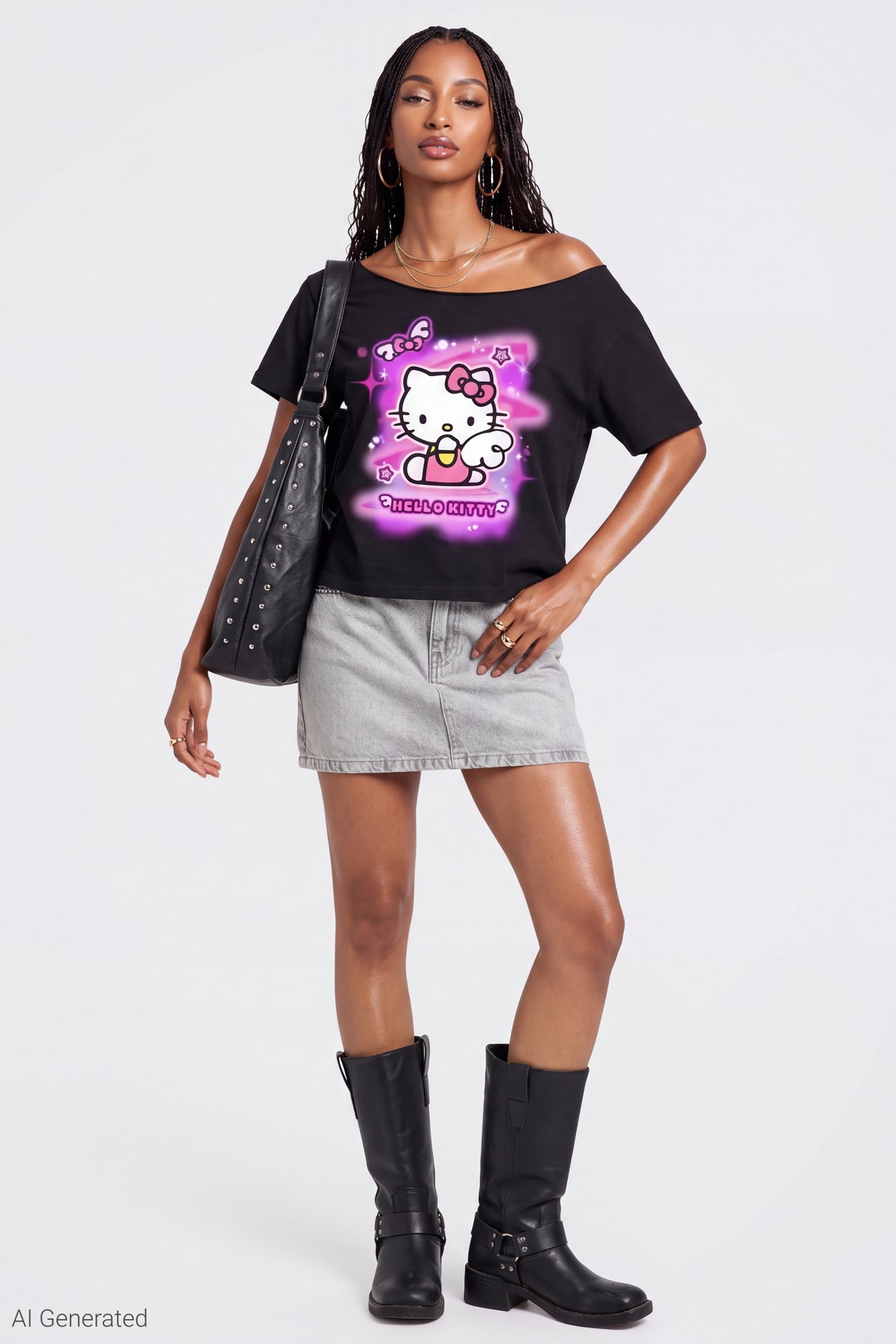 Alt View 3. Hello Kitty Graphic Off Shoulder T-Shirt - Black