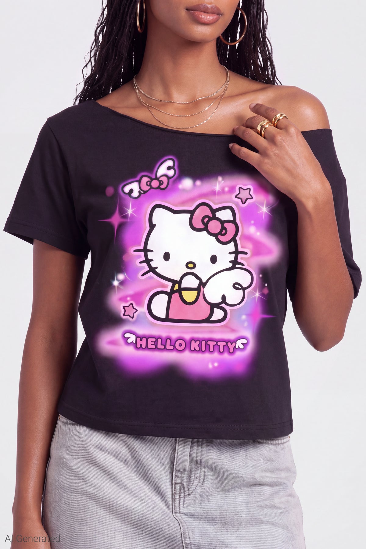 Alt View 4. Hello Kitty Graphic Off Shoulder T-Shirt - Black