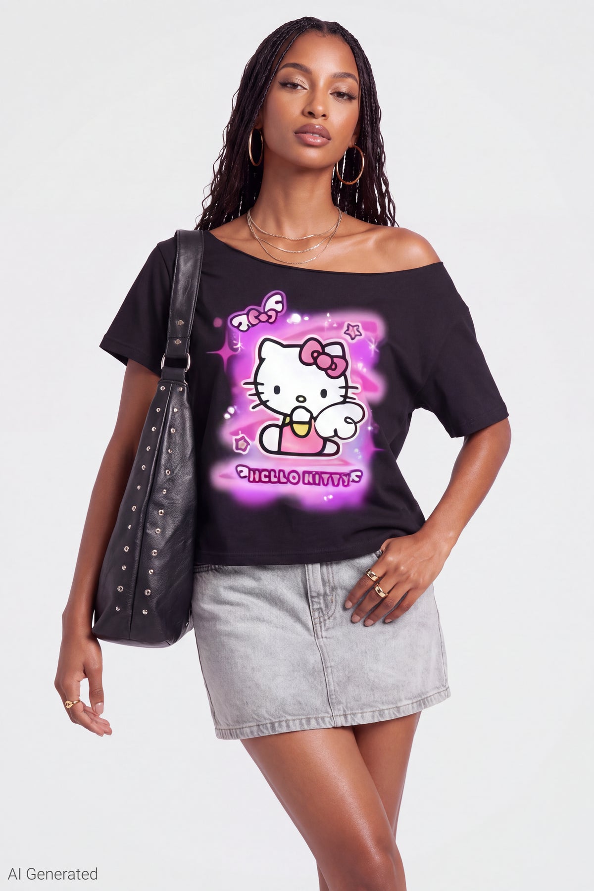 Hello Kitty Graphic Off Shoulder T-Shirt - Black