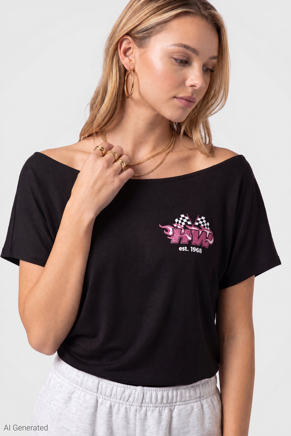 Alt View 3. Hot Wheels Graphic Off Shoulder T-Shirt - Black