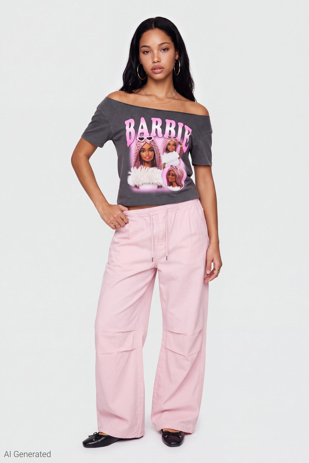 Alt View 3. Barbie Graphic Washed Off Shoulder T-Shirt - Charcoal