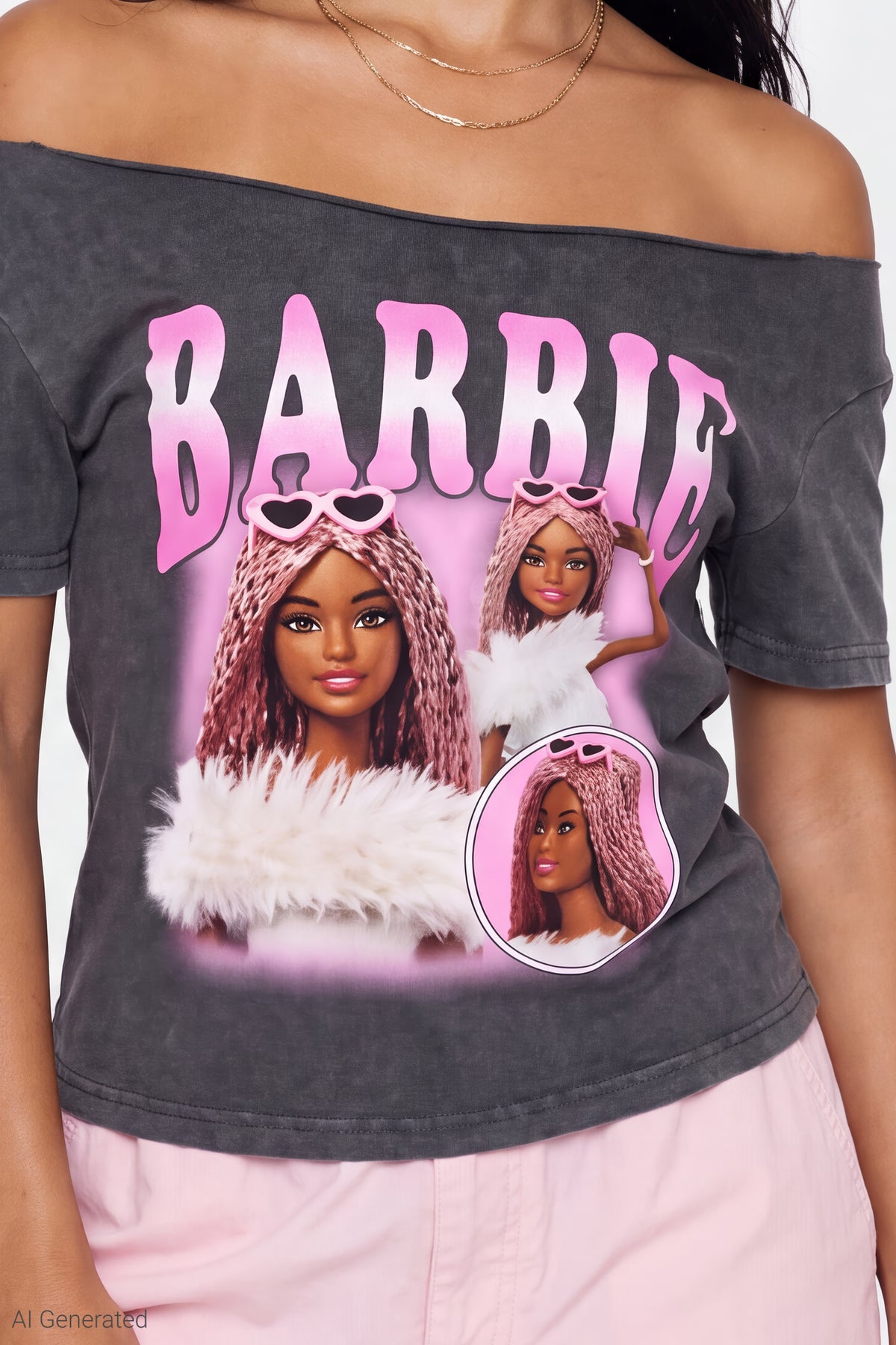 Alt View 4. Barbie Graphic Washed Off Shoulder T-Shirt - Charcoal