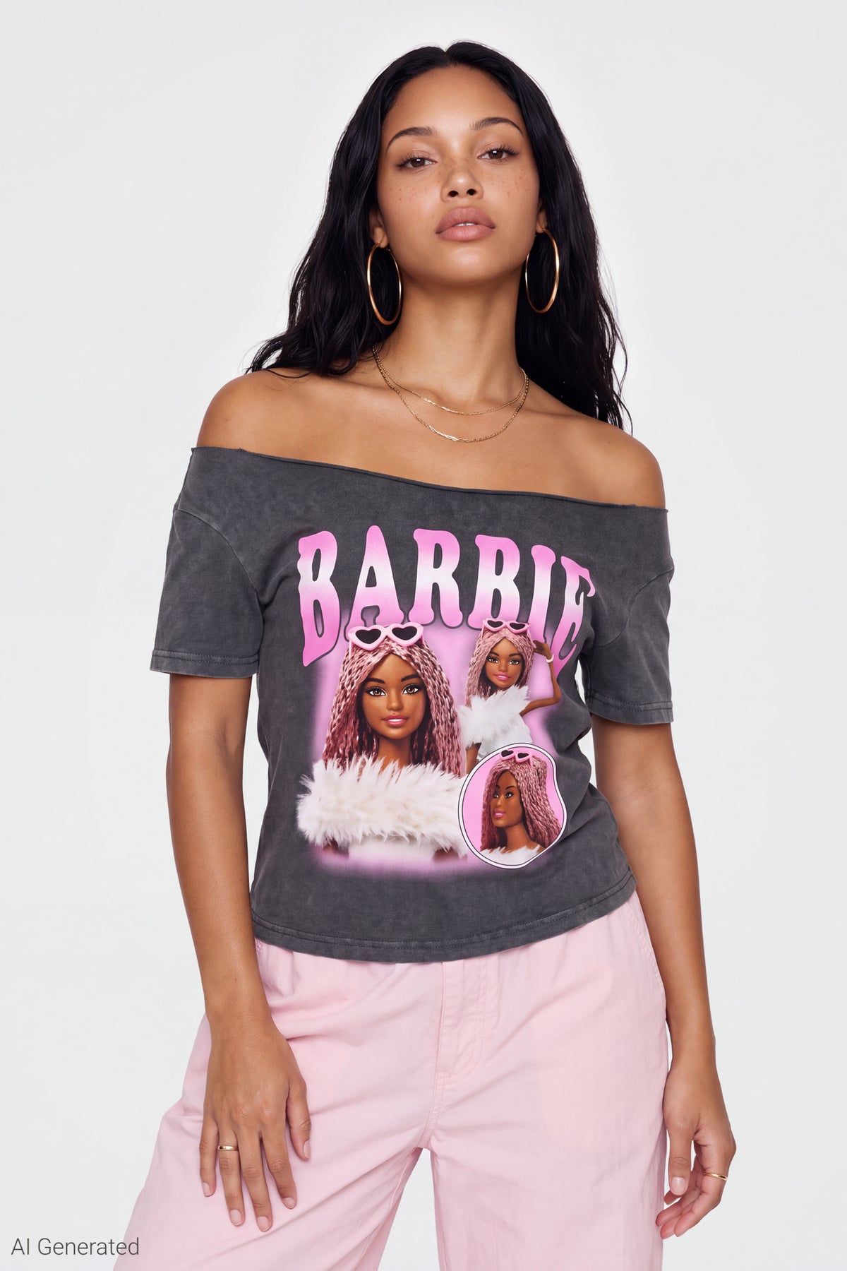 Barbie Graphic Washed Off Shoulder T-Shirt - Charcoal
