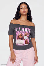 Barbie Graphic Washed Off Shoulder T-Shirt