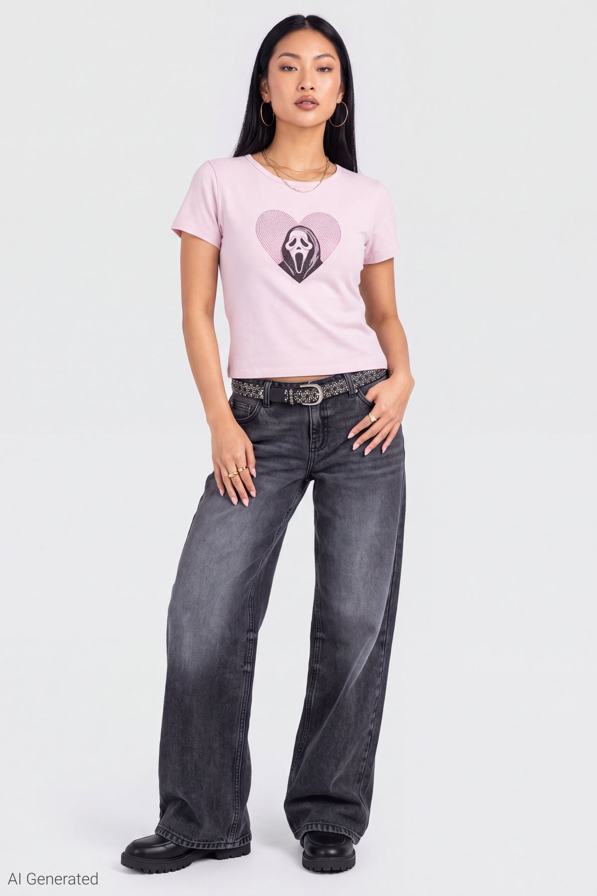 Alt View 3. Ghost Face Rhinestone Graphic Baby Tee - Pink
