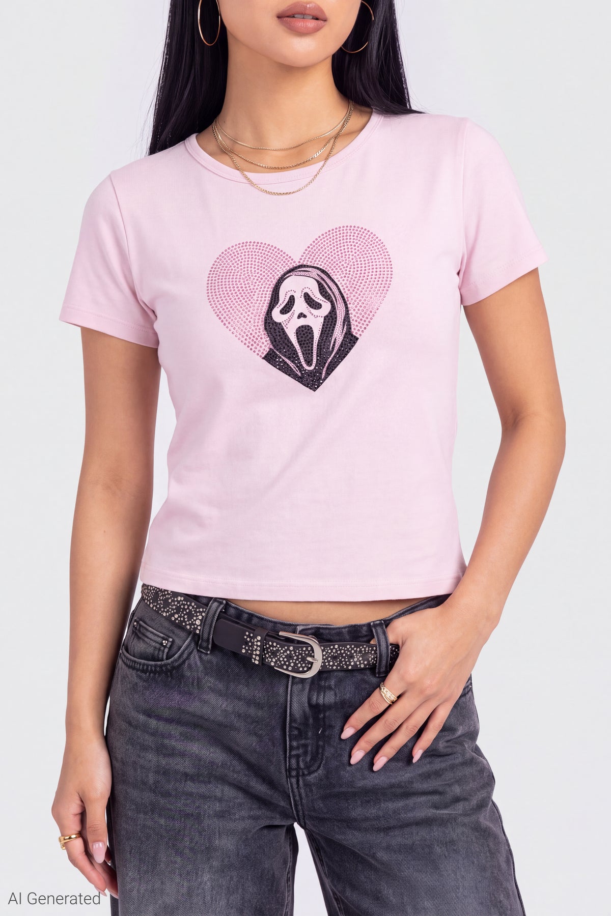 Alt View 4. Ghost Face Rhinestone Graphic Baby Tee - Pink