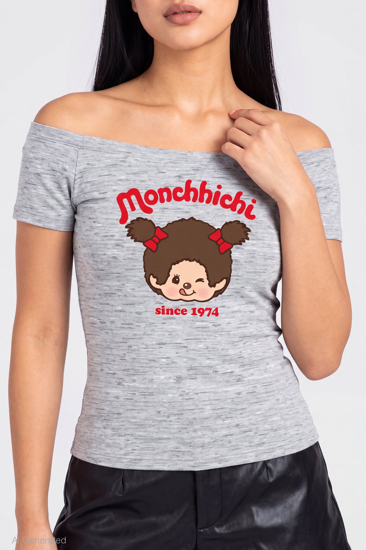 Alt View 4. Monchhichi Graphic Off Shoulder Top - Heather Grey