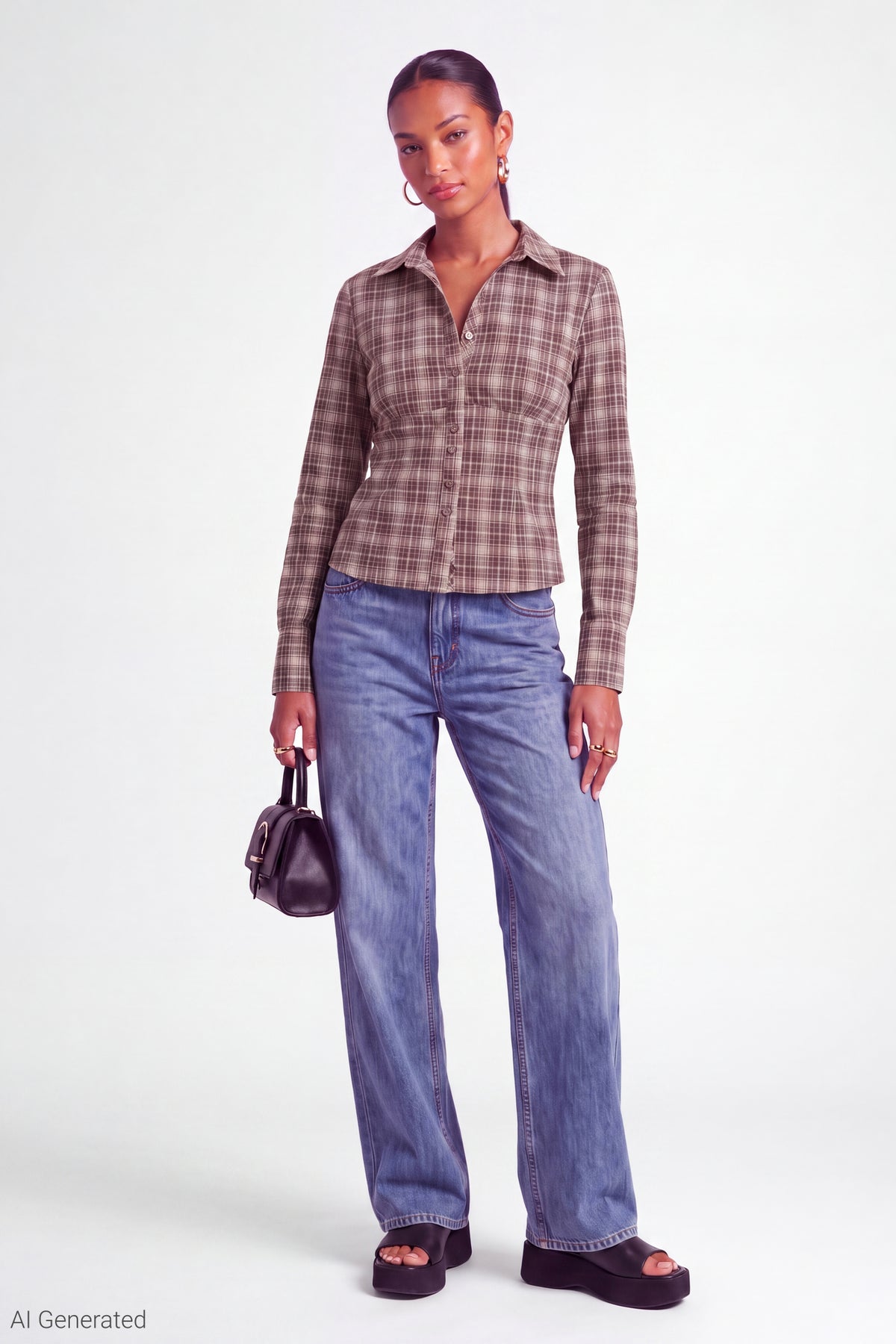 Alt View 2. Plaid Poplin Button-Up Top - Brown