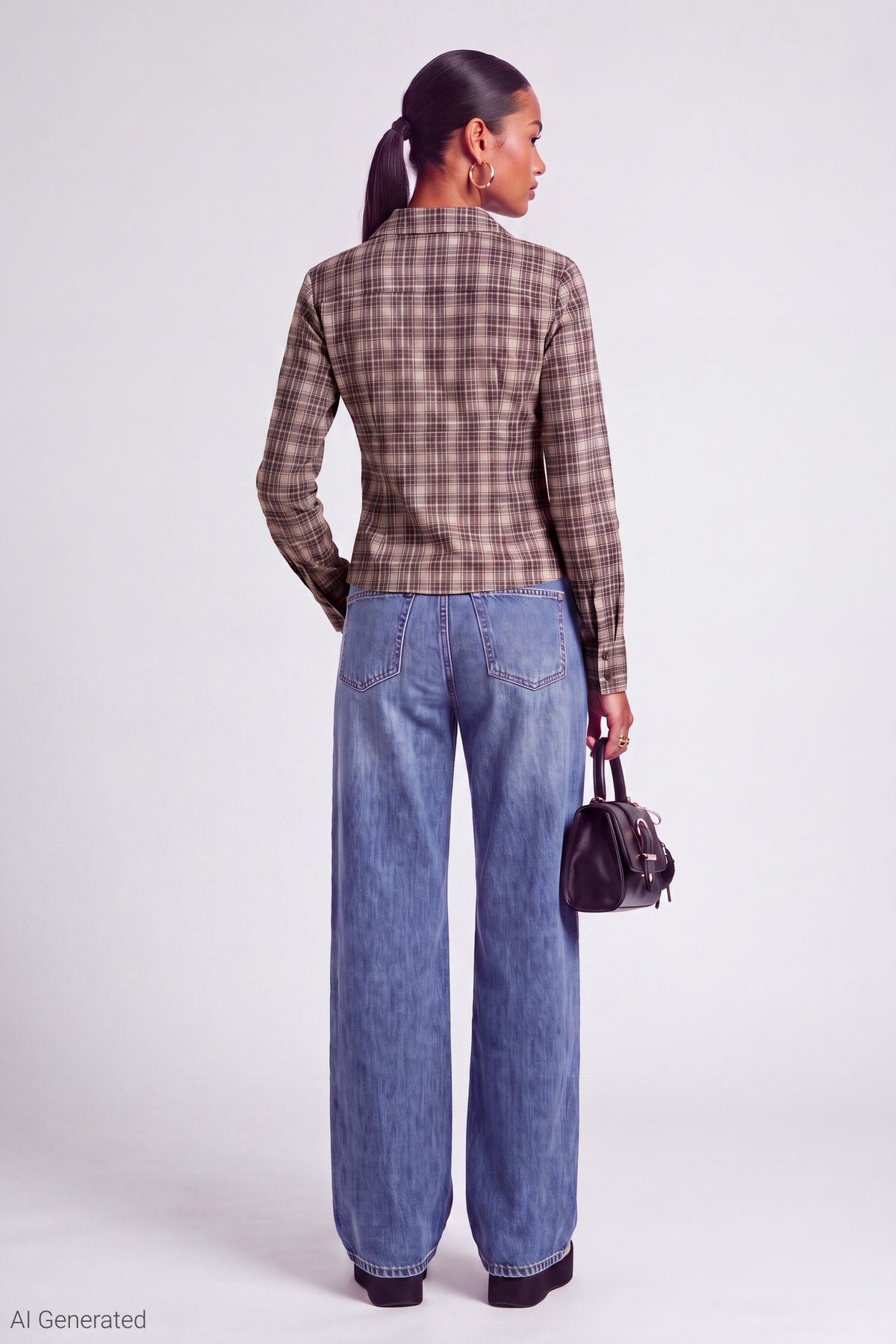 Alt View 3. Plaid Poplin Button-Up Top - Brown