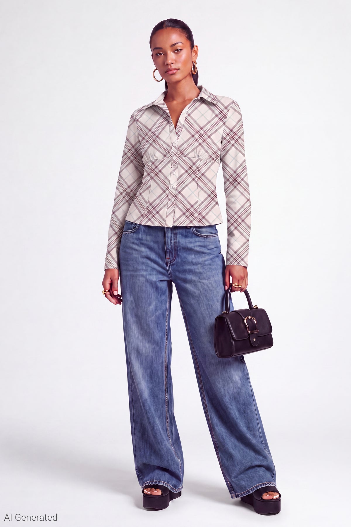 Alt View 2. Plaid Poplin Button-Up Top - Ivory