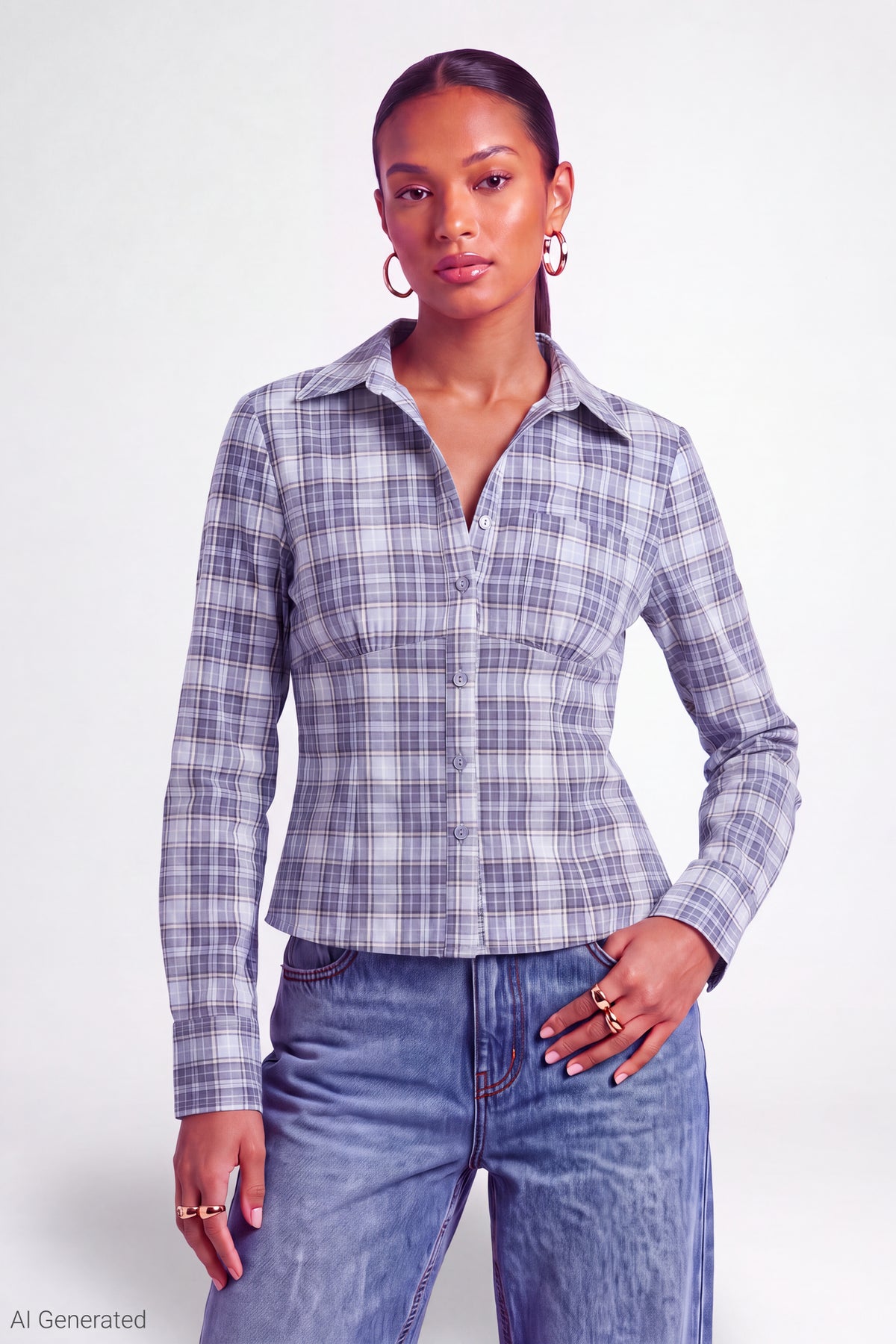 Plaid Poplin Button-Up Top - Blue