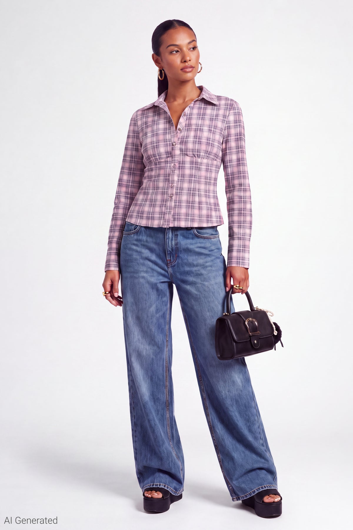 Alt View 2. Plaid Poplin Button-Up Top - Pink