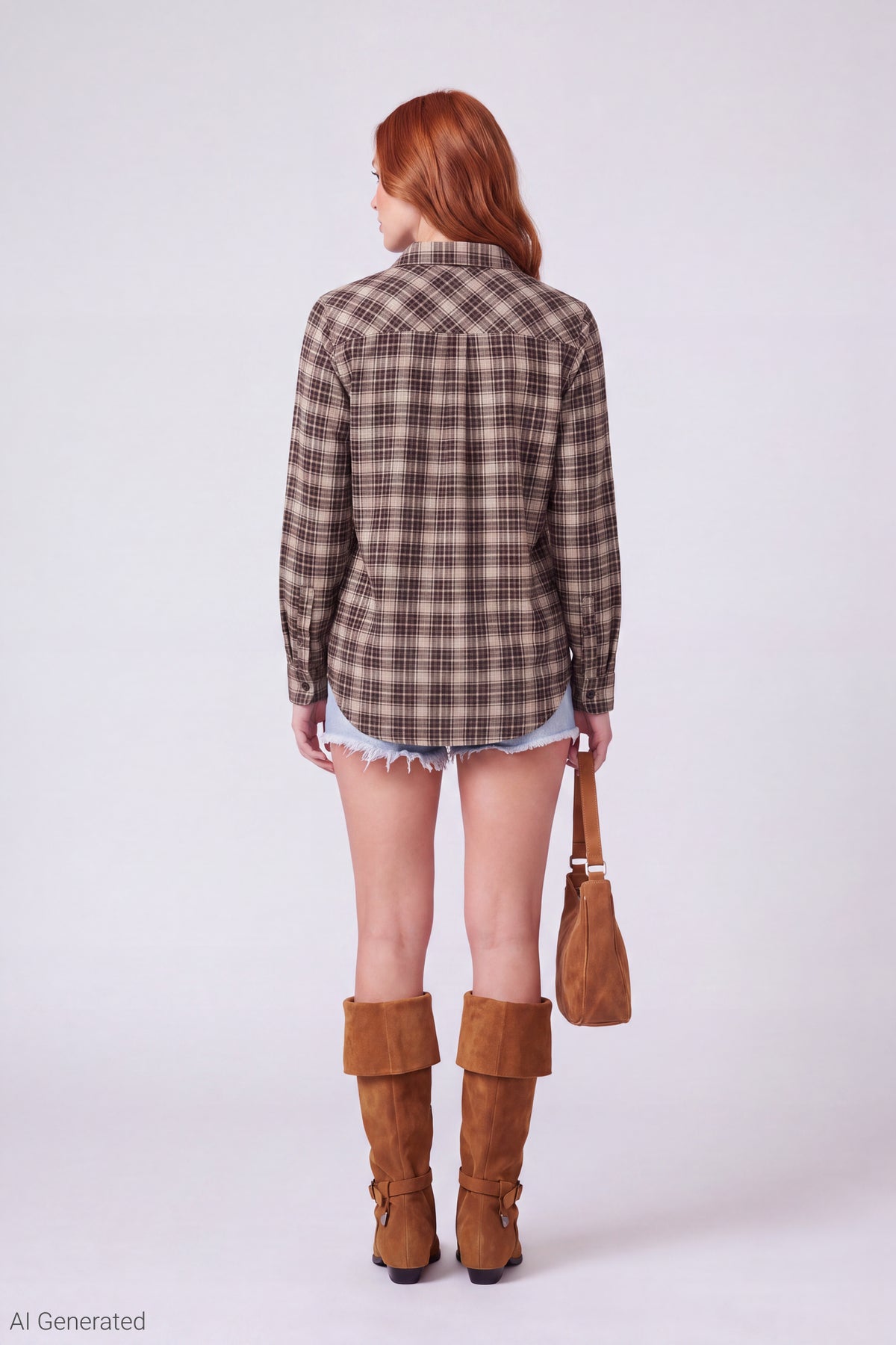 Alt View 3. Plaid Flannel Long Sleeve Button-Up Top - Brown