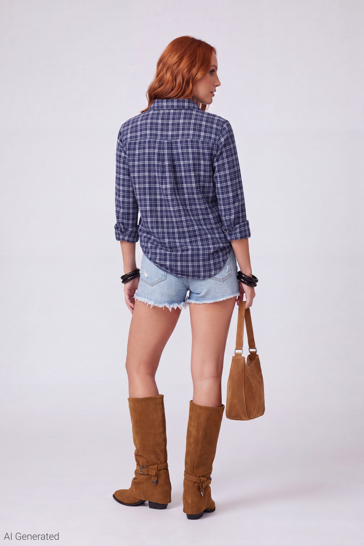 Alt View 3. Plaid Flannel Long Sleeve Button-Up Top - Navy
