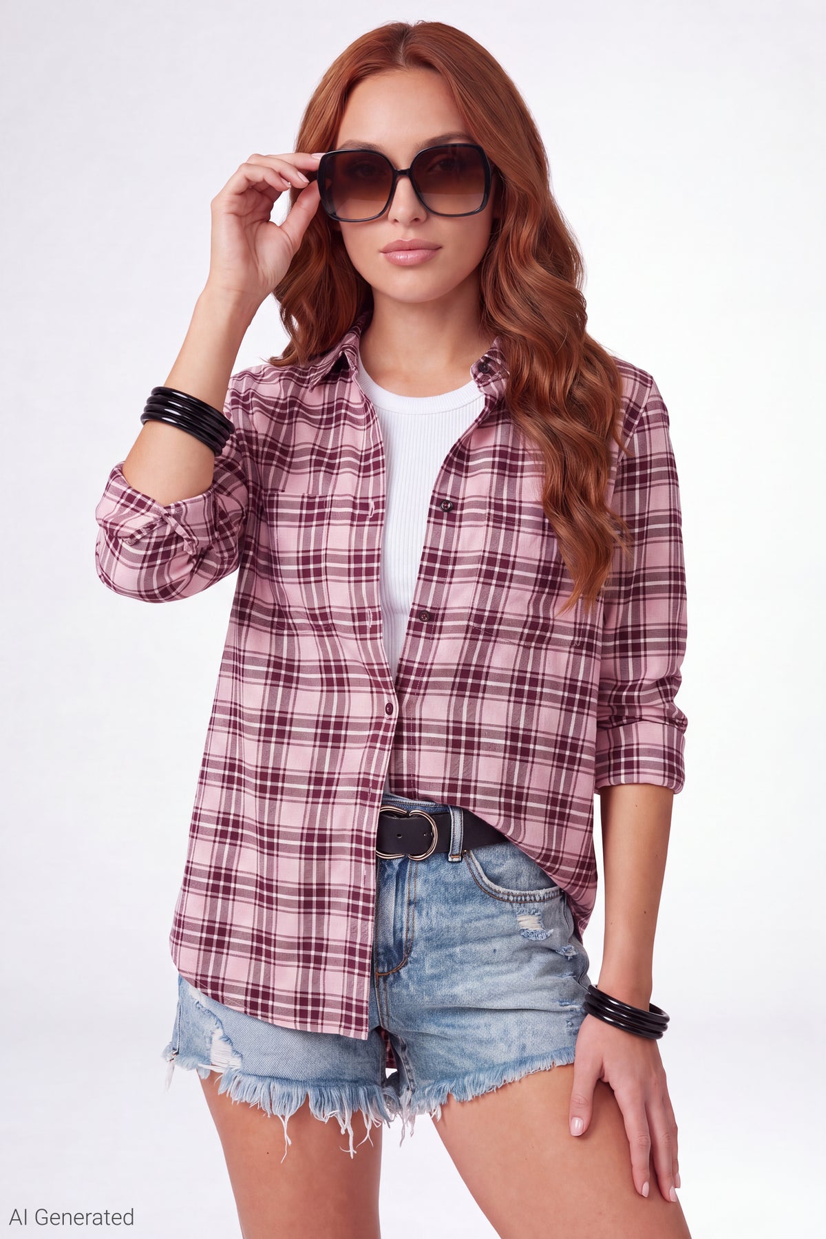 Plaid Flannel Long Sleeve Button-Up Top - Pink