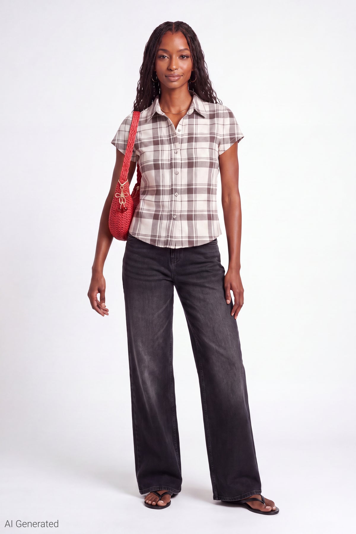 Alt View 2. Plaid Flannel Short Sleeve Button-Up Top - Ivory