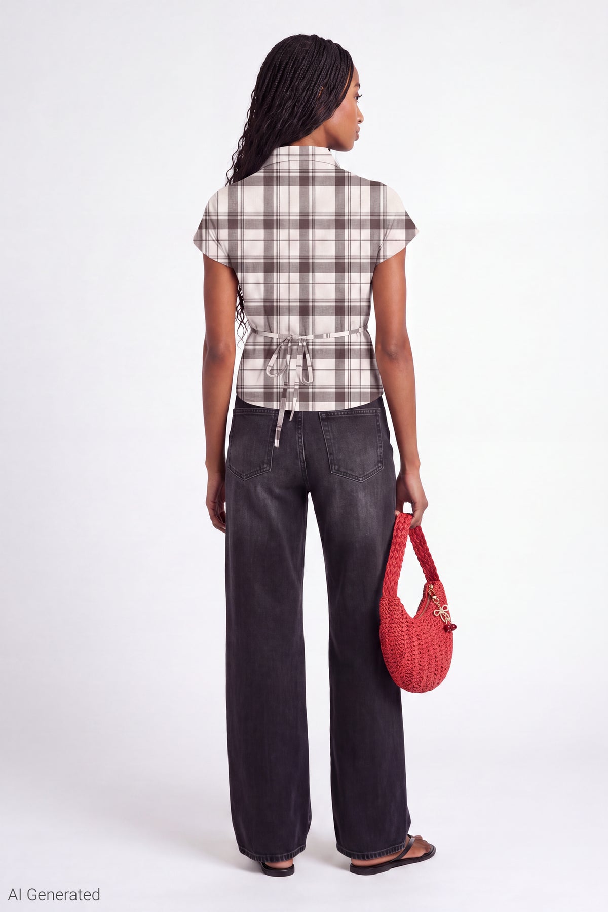 Alt View 3. Plaid Flannel Short Sleeve Button-Up Top - Ivory